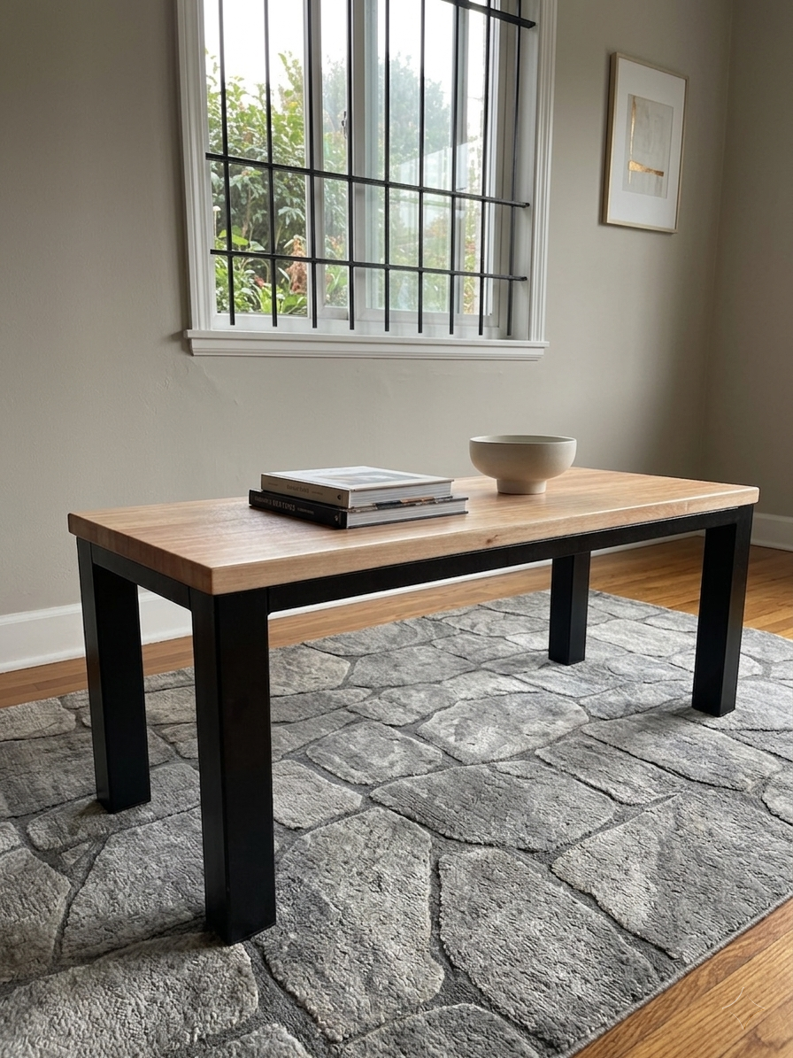 Mesa ratona en eucalipto laqueado y base de hierro